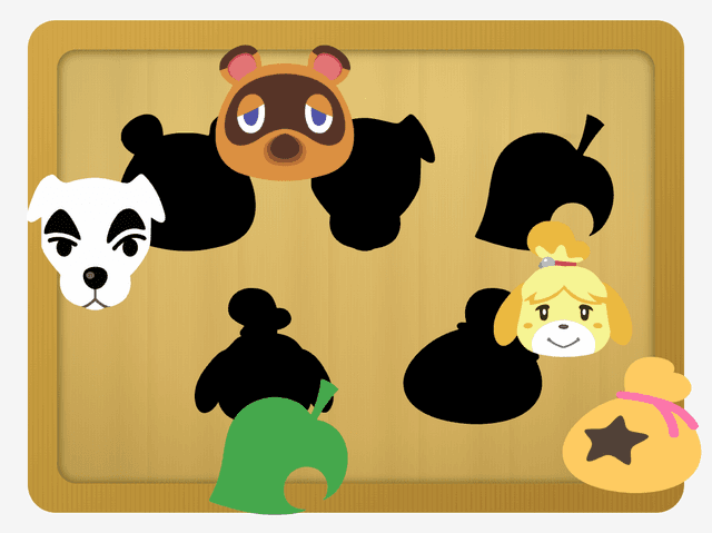 A wooden puzzle board with Animal Crossing character silhouettes with some pieces placed and some still loose.