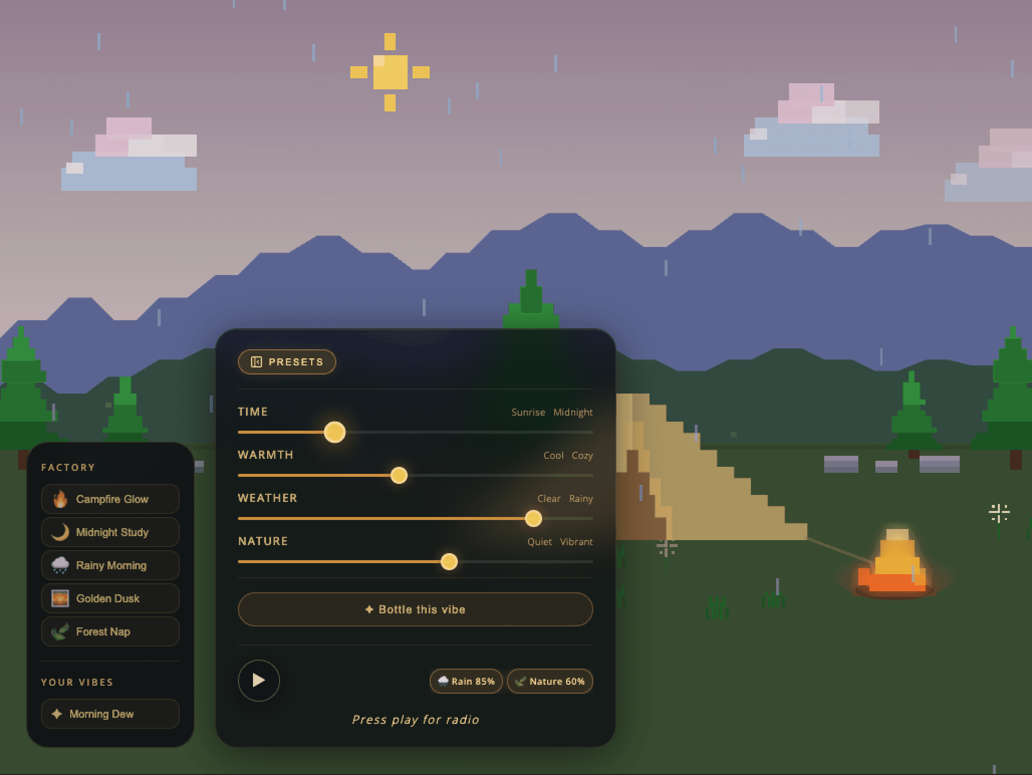 Interactive lofi soundscape mixer with adjustable atmosphere and environment controls.