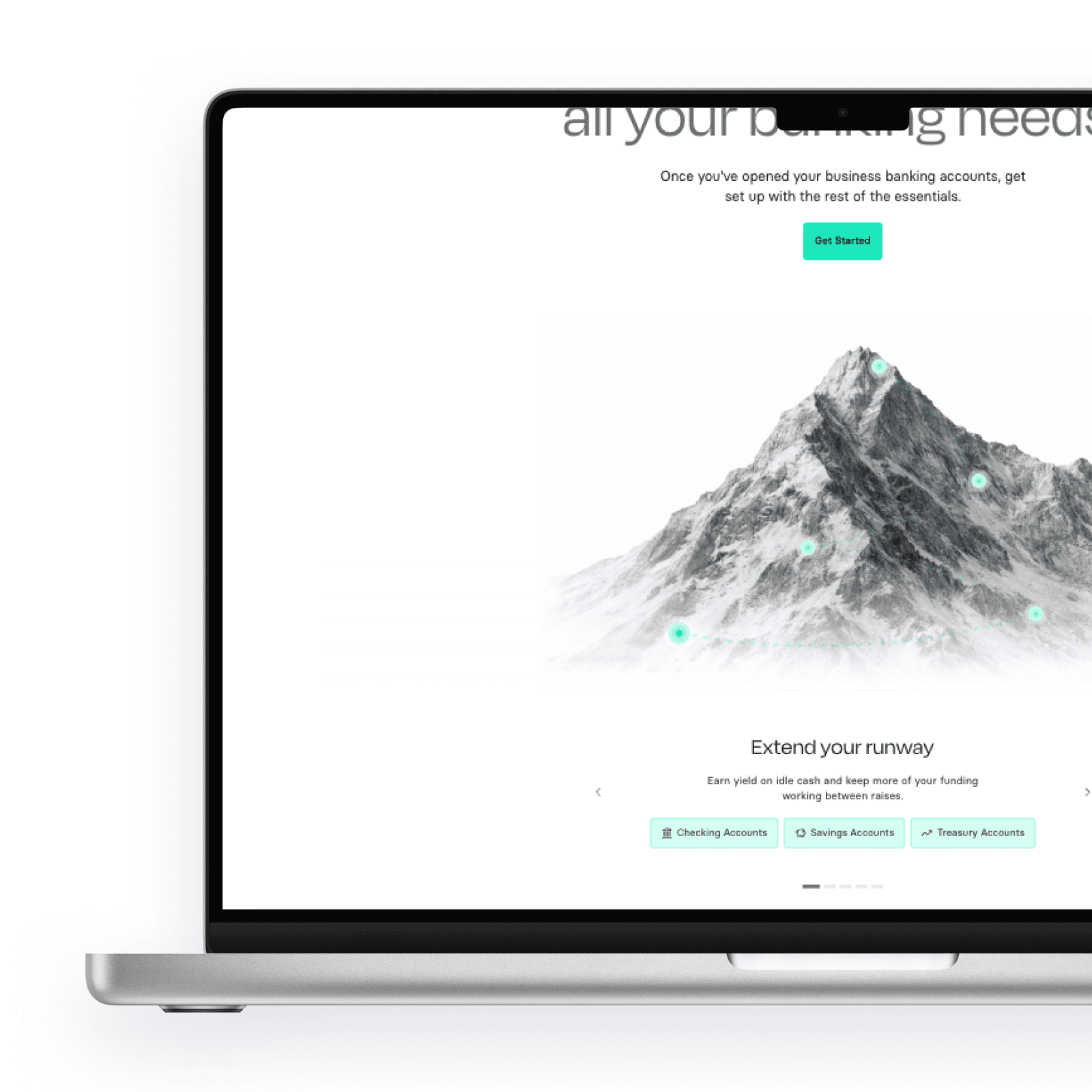 Concept redesign of a platform visualization explaining business runway and treasury products.
